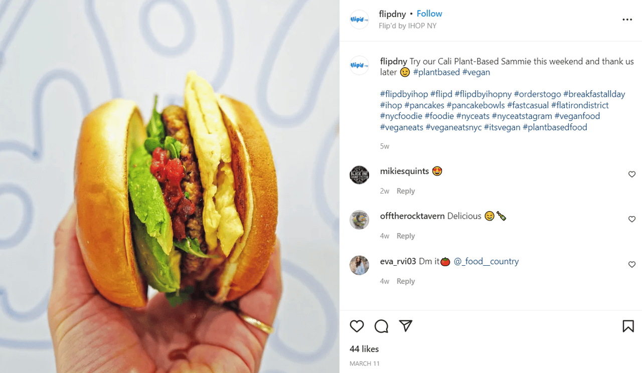 IG post by IHOP of its plant-based sandwich