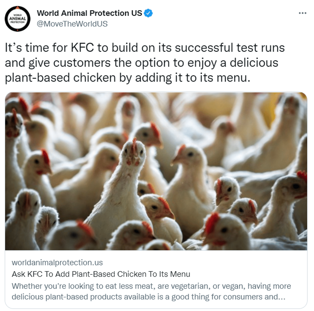 Tweet from World Animal Protection urging KFC to have a plant based option.
