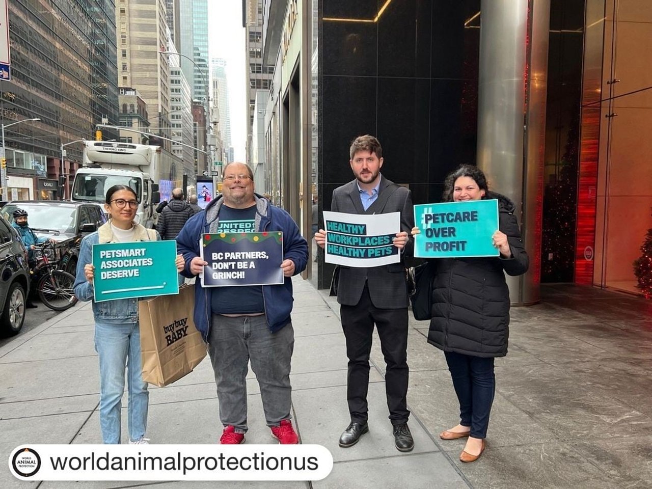 united for respect and world animal protection employees petitioning with signs in front BC Partners NYC office. 