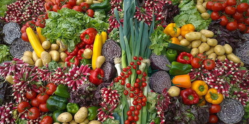 A wide variety of colourful vegetables spread on a table