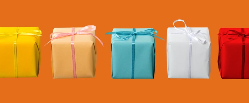 wrapped presents on an orange background