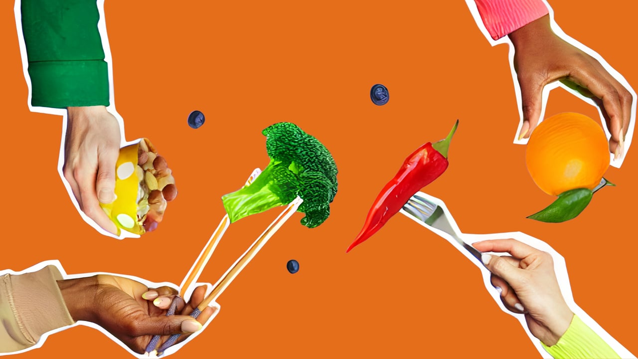 People's arms holding forks and chopsticks of different plant foods.