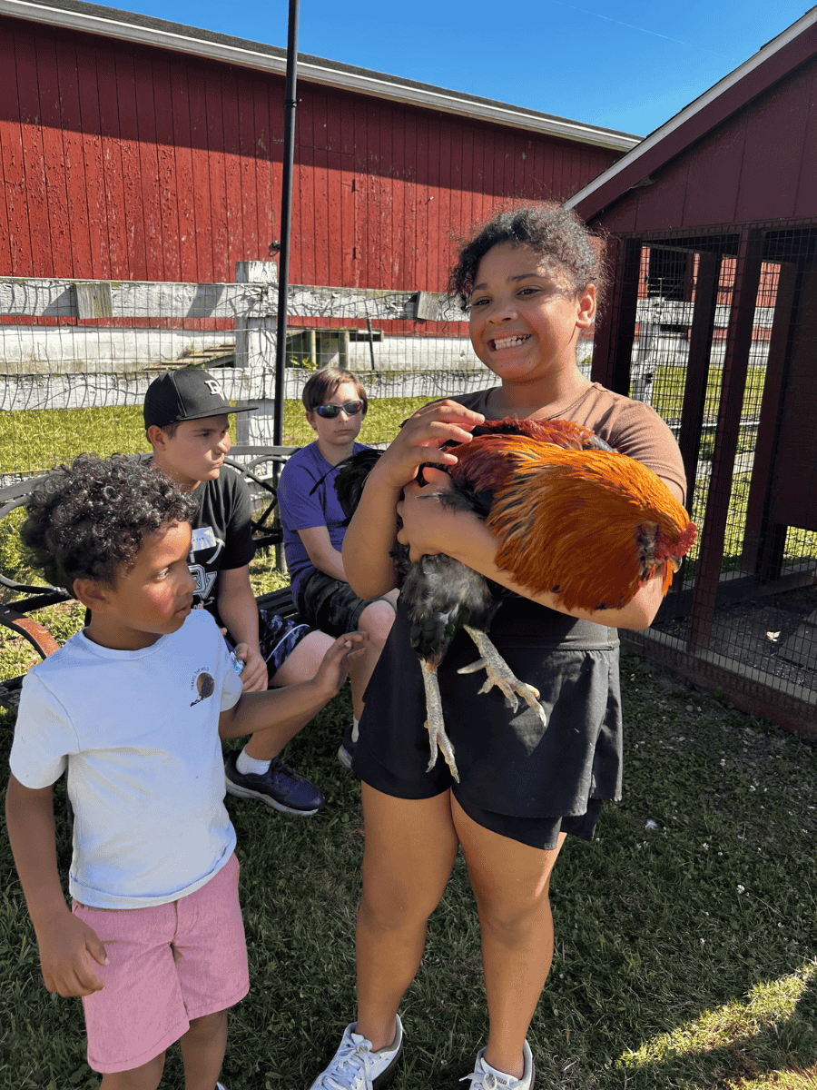 Sid the rooster with a visitor at Tamerlaine Sanctuary & Preserve.