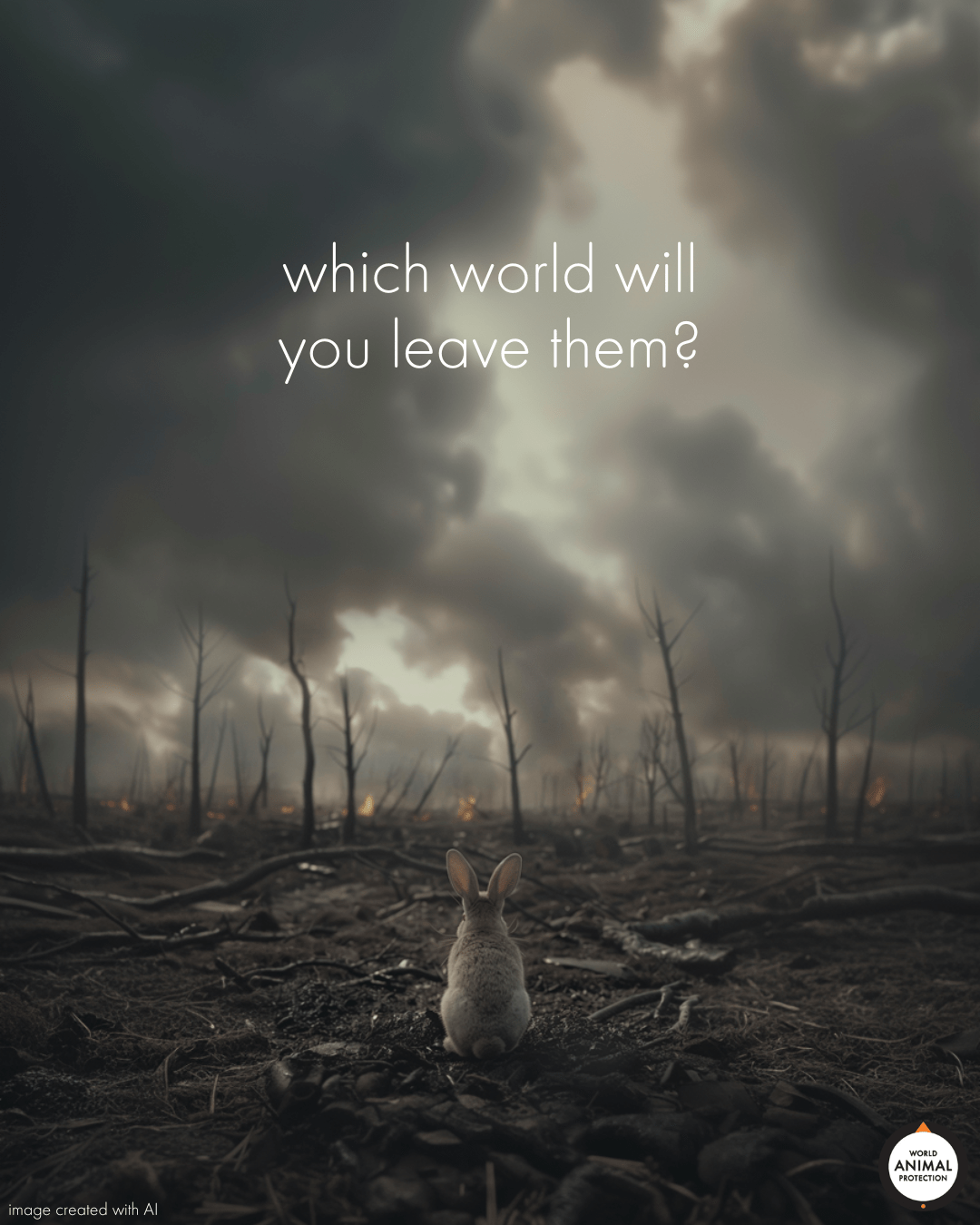 A rabbit in a burned forest with text overlayed on the image saying: which world will you leave them?