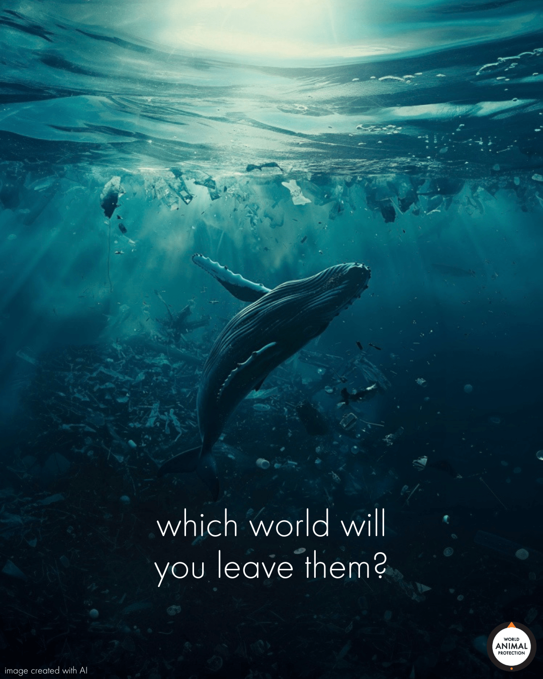 A whale in an ocean full of trash with text overlayed on the image saying: which world will you leave them?