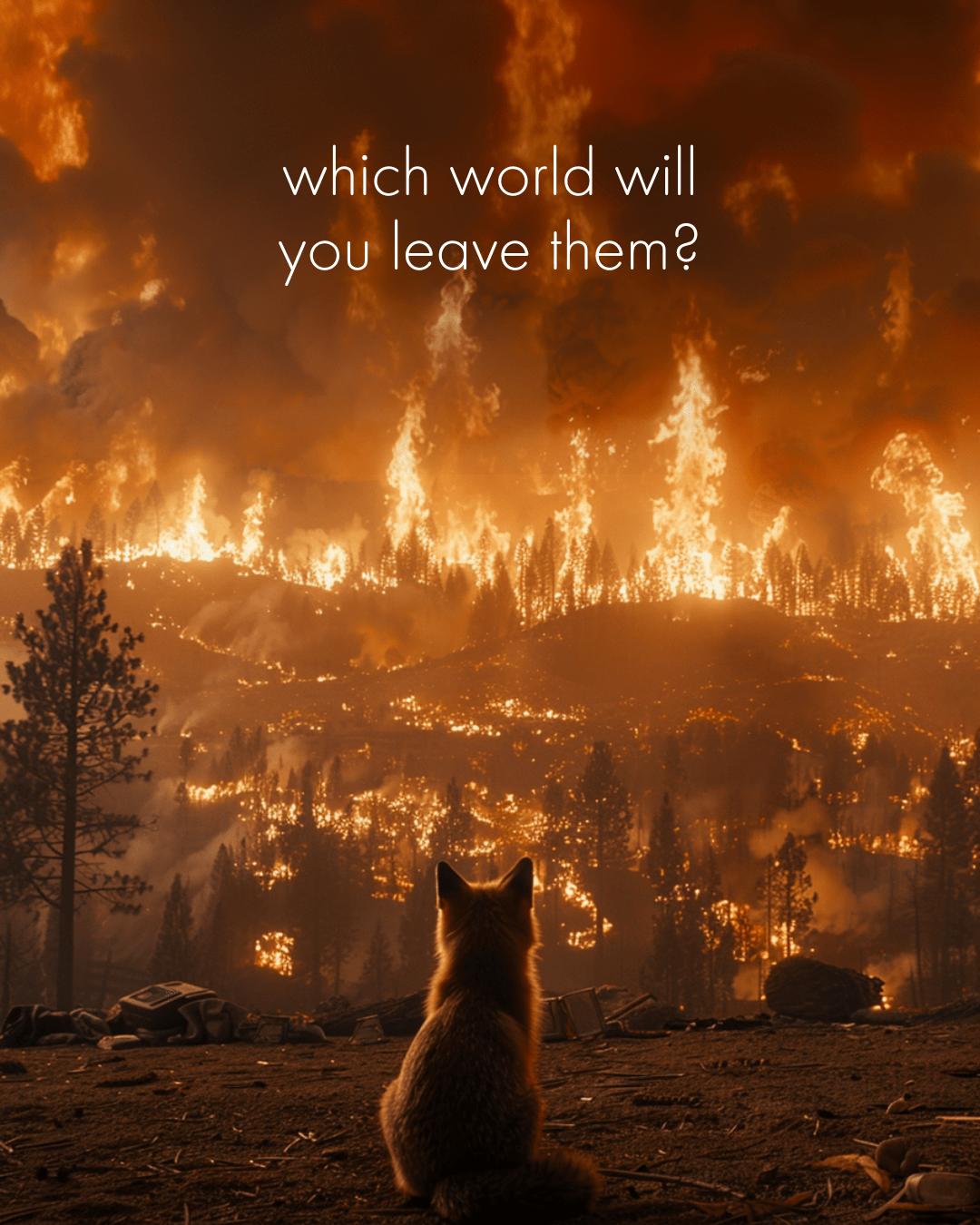 A fox in a forest burning with a wildfire with text overlayed on the image saying: which world will you leave them?