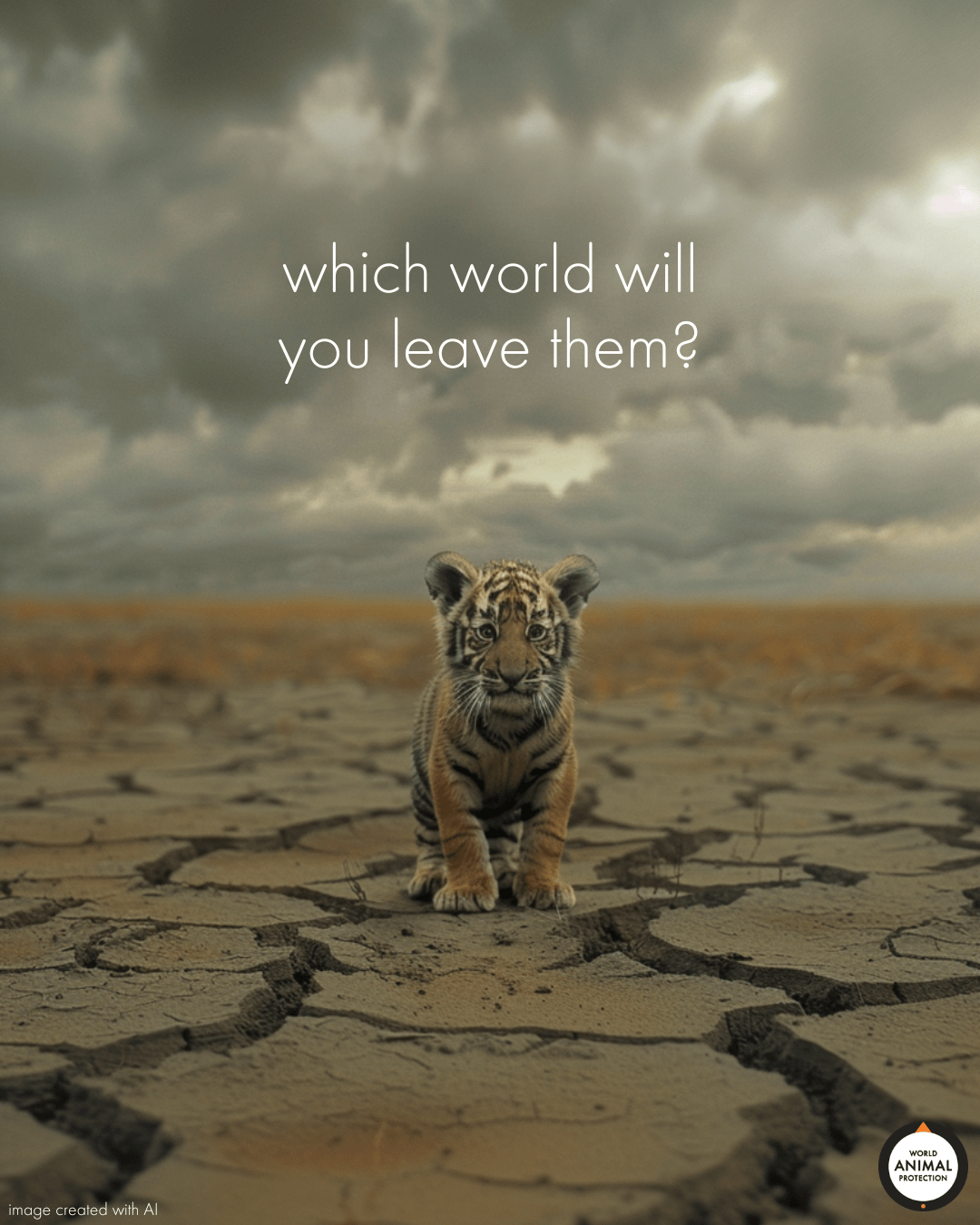 A baby tiger cub in a barren field with text overlayed on the image saying: which world will you leave them?