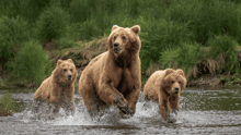 A family of grizzly bears running from danger.