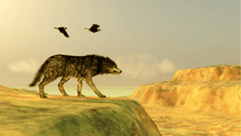 An illustrated of a dire wolf walking in the wild.