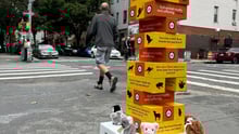 Interactive Jenga style game out in the streets of NYC.