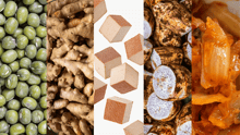 A collage of mung beans, taro, tofu, kimchi, and ginger.