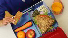 A child eating a healthy plant-based school lunch.