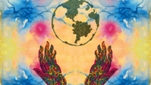 A designed graphic of a pair of hands holding up and healing the Earth.