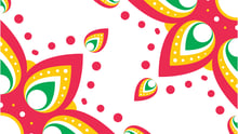 A green, yellow, and floral patterned design on a white background.