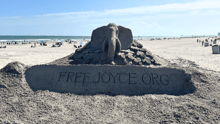 A sand sculpture of Joyce the elephant with the text "FreeJoyce.org"