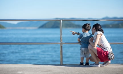 A mother holding a toddler points out towards the ocean.