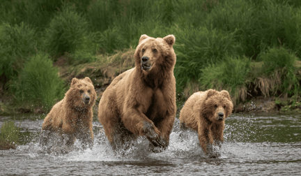 A family of grizzly bears running from danger.