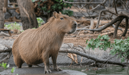 A capybara standing on a rock in a stream.
