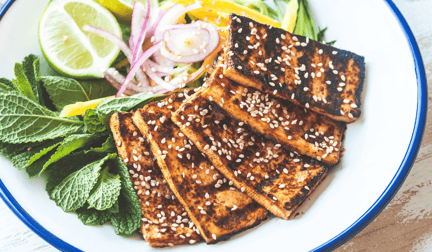 Tofu steaks on a plate with assorted veg and herbs.