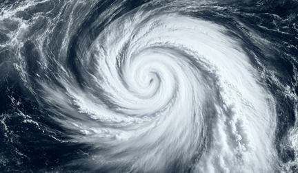 A aerial view of a the eye of a hurricane in the middle of the ocean.
