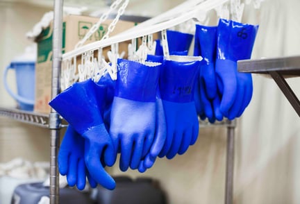 A collection of sanitary gloves at a food plant hung up.