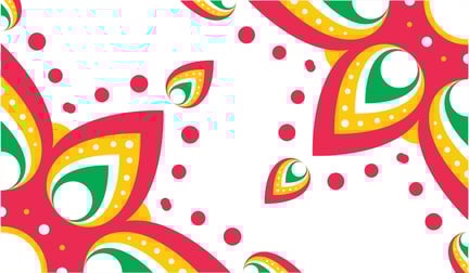 A green, yellow, and floral patterned design on a white background.
