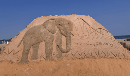 Joyce sand sculpture on Long Branch beach in New Jersey.