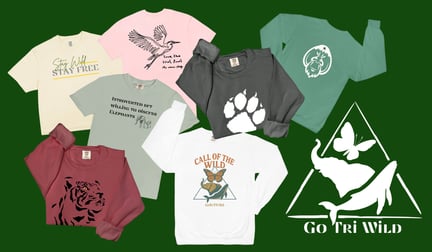Go Tri Wild merchandise overlaid on a green background.