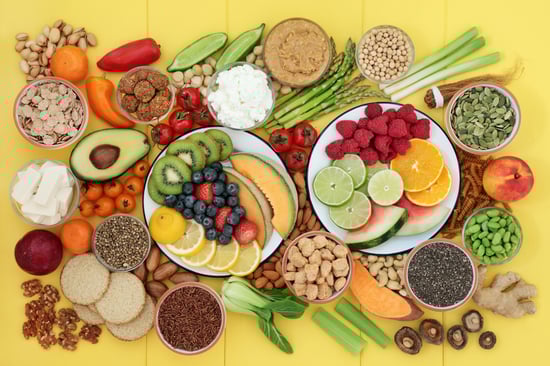 A variety of plant foods spread across a table.
