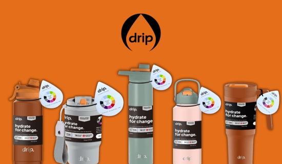 A designed image of DRIP water bottles on an orange background with the DRIP logo.