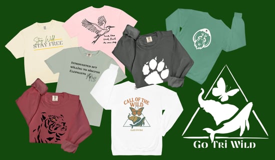Go Tri Wild merchandise overlaid on a green background.