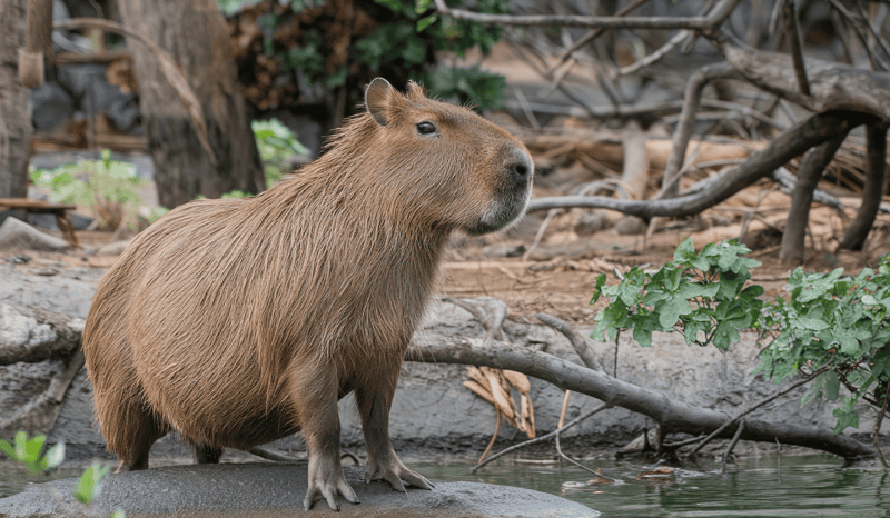 A capybara standing on a rock in a stream.