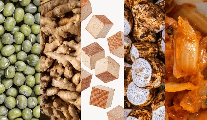 A collage of mung beans, taro, tofu, kimchi, and ginger.