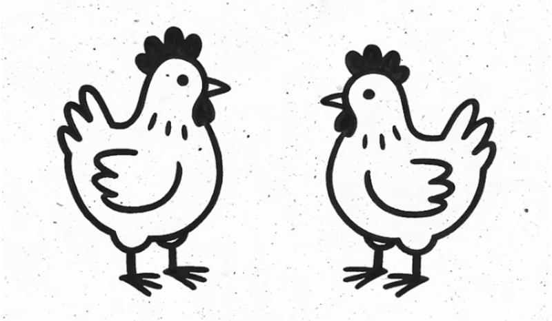 An illustrated graphic of two black outlined chickens facing each other on a white background.