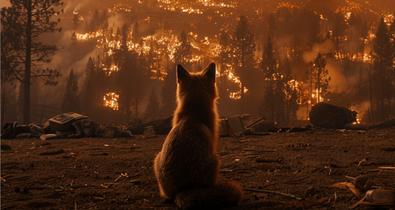 A fox in a forest burning with a wildfire.