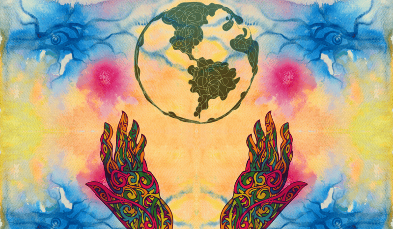 A designed graphic of a pair of hands holding up and healing the Earth.
