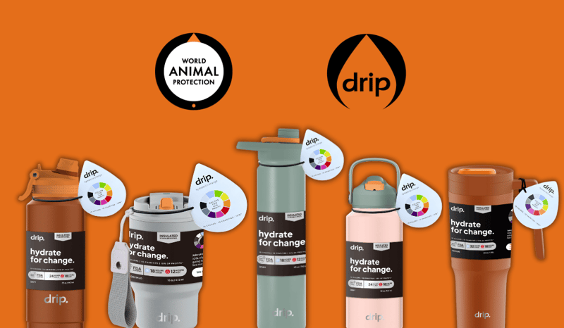 A designed image of DRIP water bottles on an orange background with the DRIP and WAP logos.