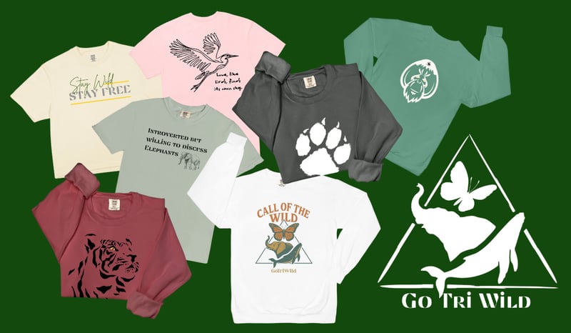 Go Tri Wild merchandise overlaid on a green background.