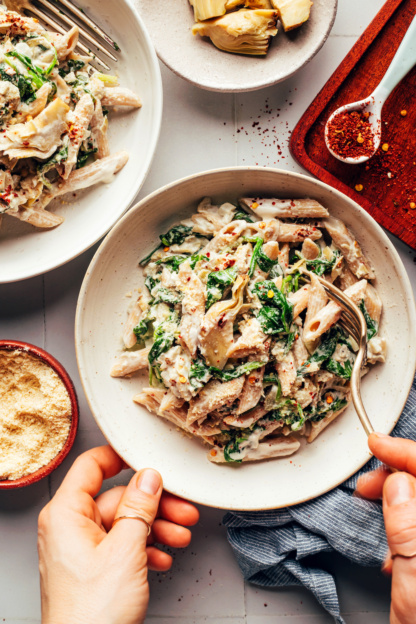 Vegan spinach artichoke pasta.