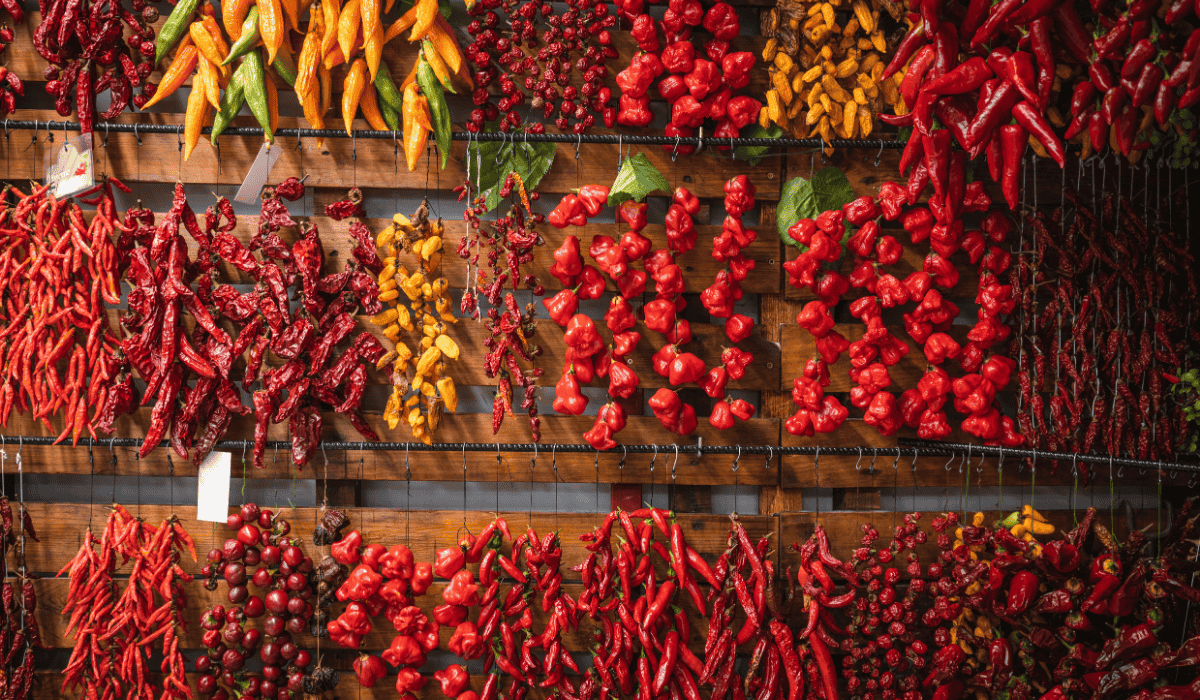 An assortment of chili peppers.