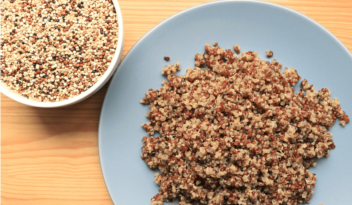 A plate of cooked tri-color quinoa next to a bowl of uncooked tri-color quinoa.