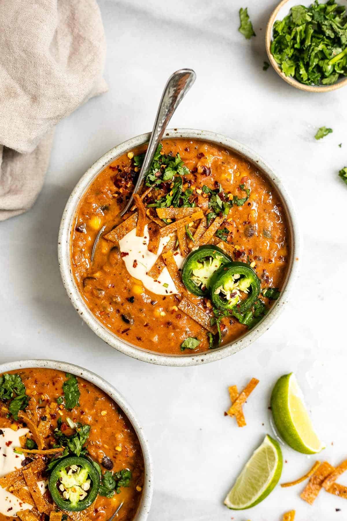 Vegan lentil tortilla soup.